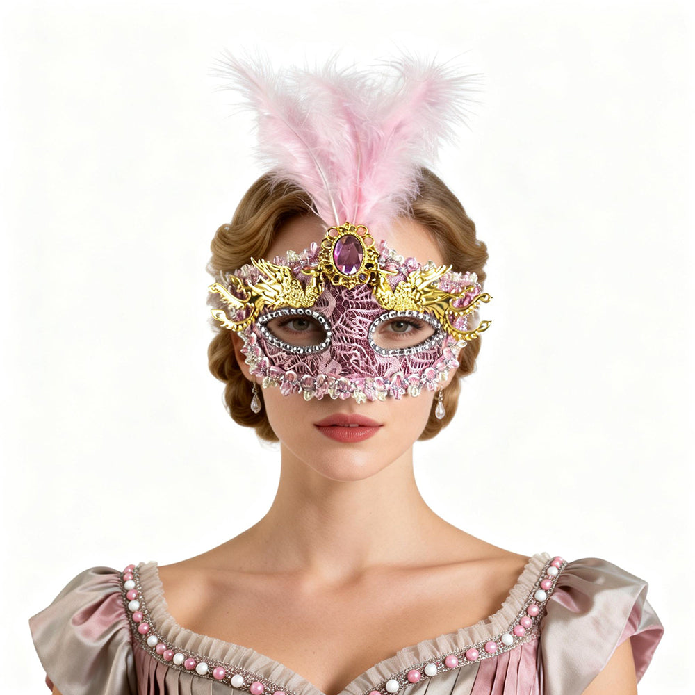 Kelly Pink Lace & Feather Venetian Masquerade Mask