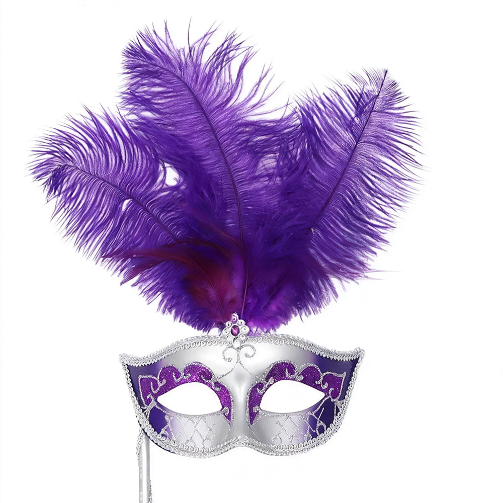 Giulia Feathered Handheld Venetian  Masquerade Mask – Classic Carnival Elegance Style