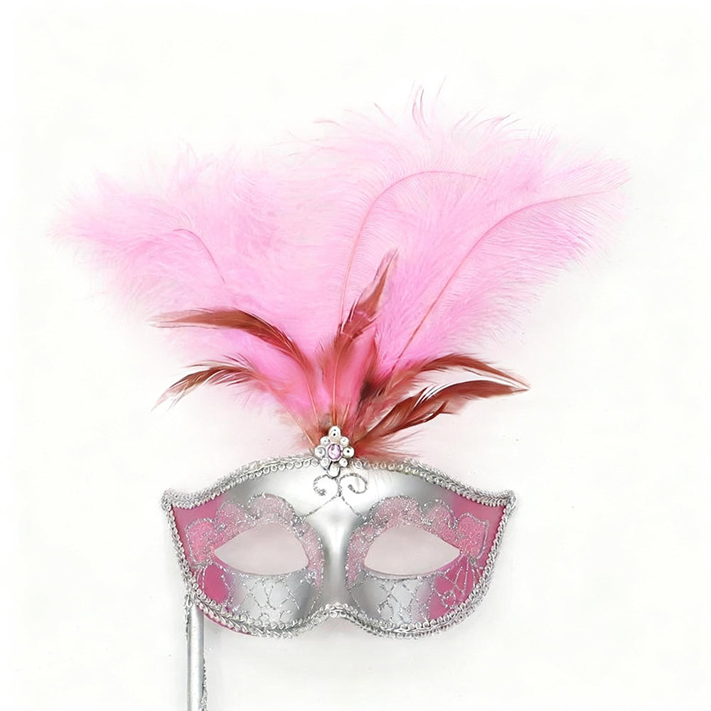 Giulia Feathered Handheld Venetian  Masquerade Mask – Classic Carnival Elegance Style