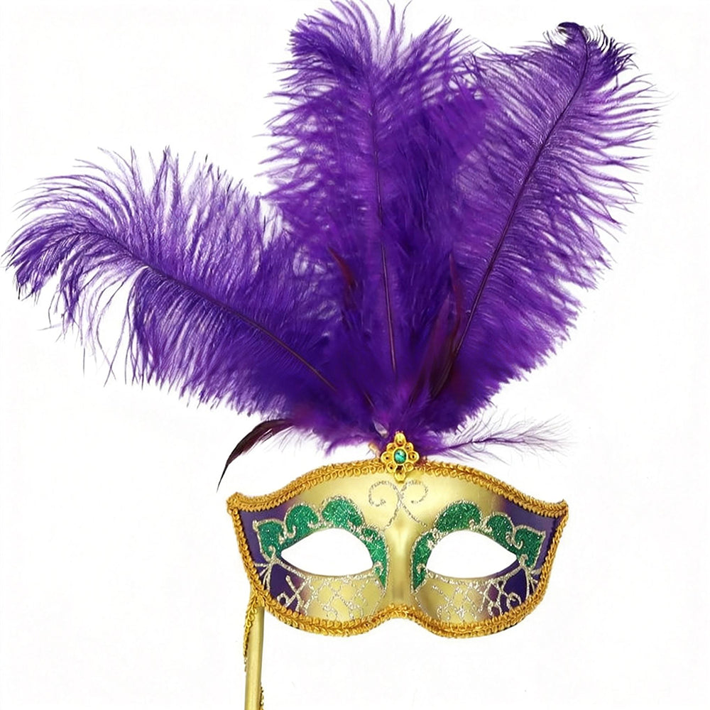 Giulia Feathered Handheld Venetian  Masquerade Mask – Classic Carnival Elegance Style