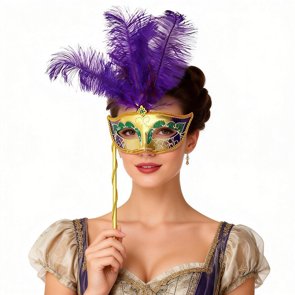 Giulia Feathered Handheld Venetian  Masquerade Mask – Classic Carnival Elegance Style