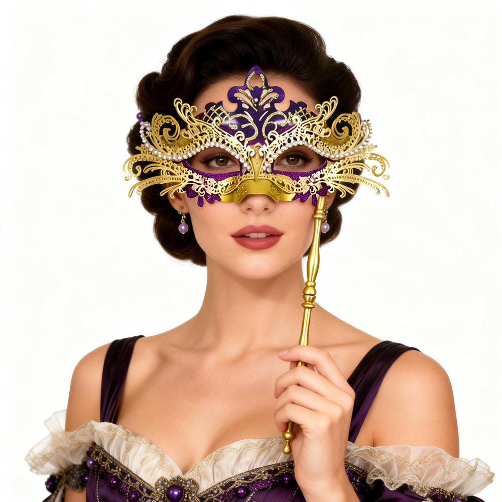 Regina Ornate Handheld Venetian Mask – Regal Baroque Elegance Style
