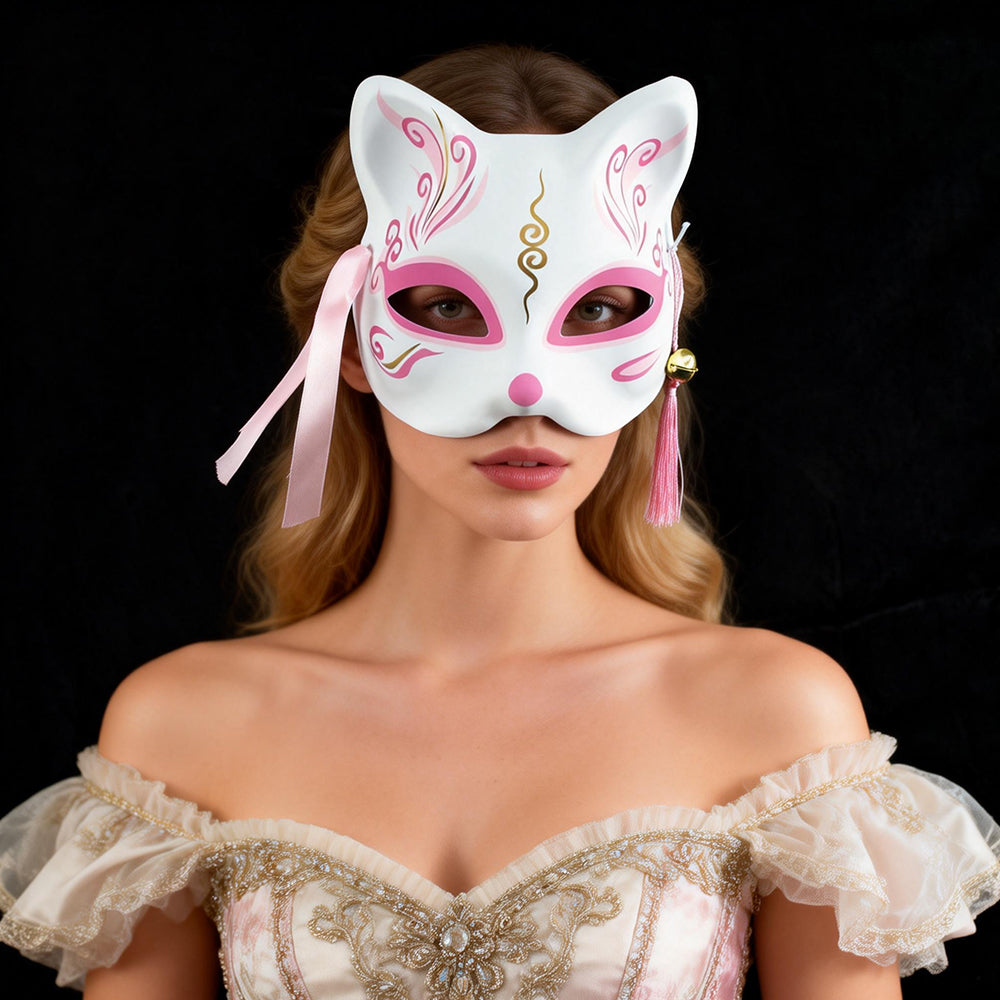 Héloïse  White & Pink Cat-Style  Masquerade Mask – Elegant Fantasy Design