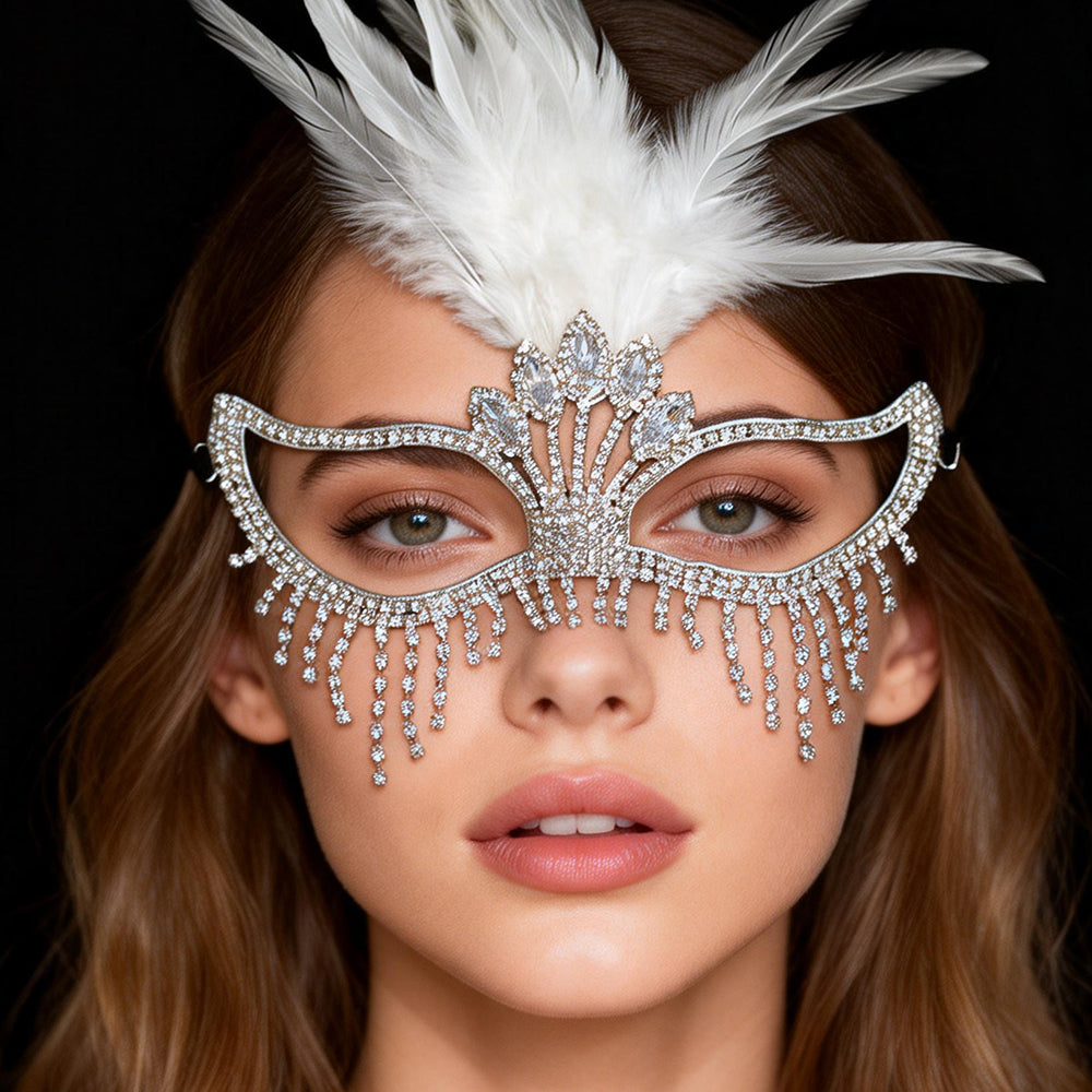 Bianca Feather Crystal Fringe Venetian Masquerade Mask