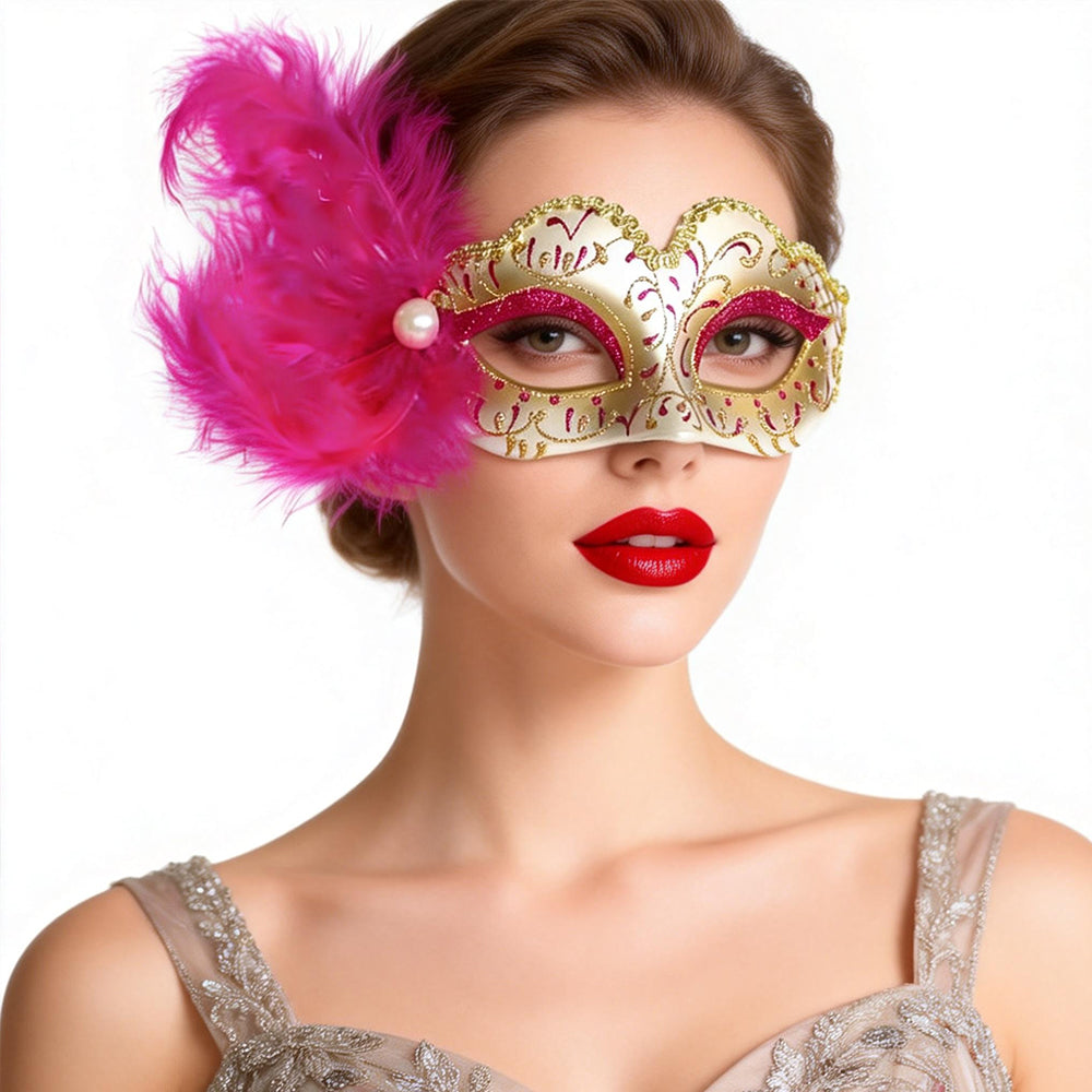 Giulia Feather & Gold Venetian Masquerade Mask – Pearl Accent Luxury Design