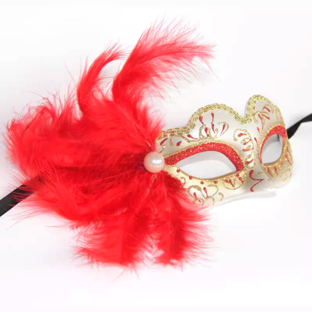 Giulia Feather & Gold Venetian Masquerade Mask – Pearl Accent Luxury Design
