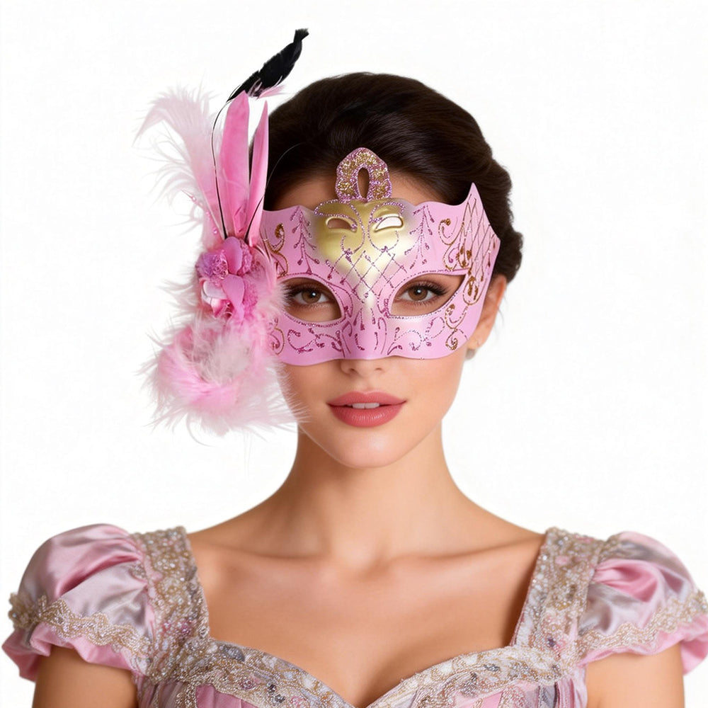 KELLY PINK Pink Feather Venetian Masquerade Mask