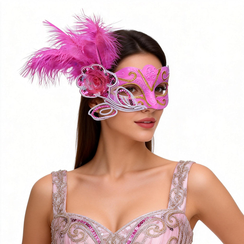 Giulia  Feather Venetian Masquerade Mask with Floral Accent