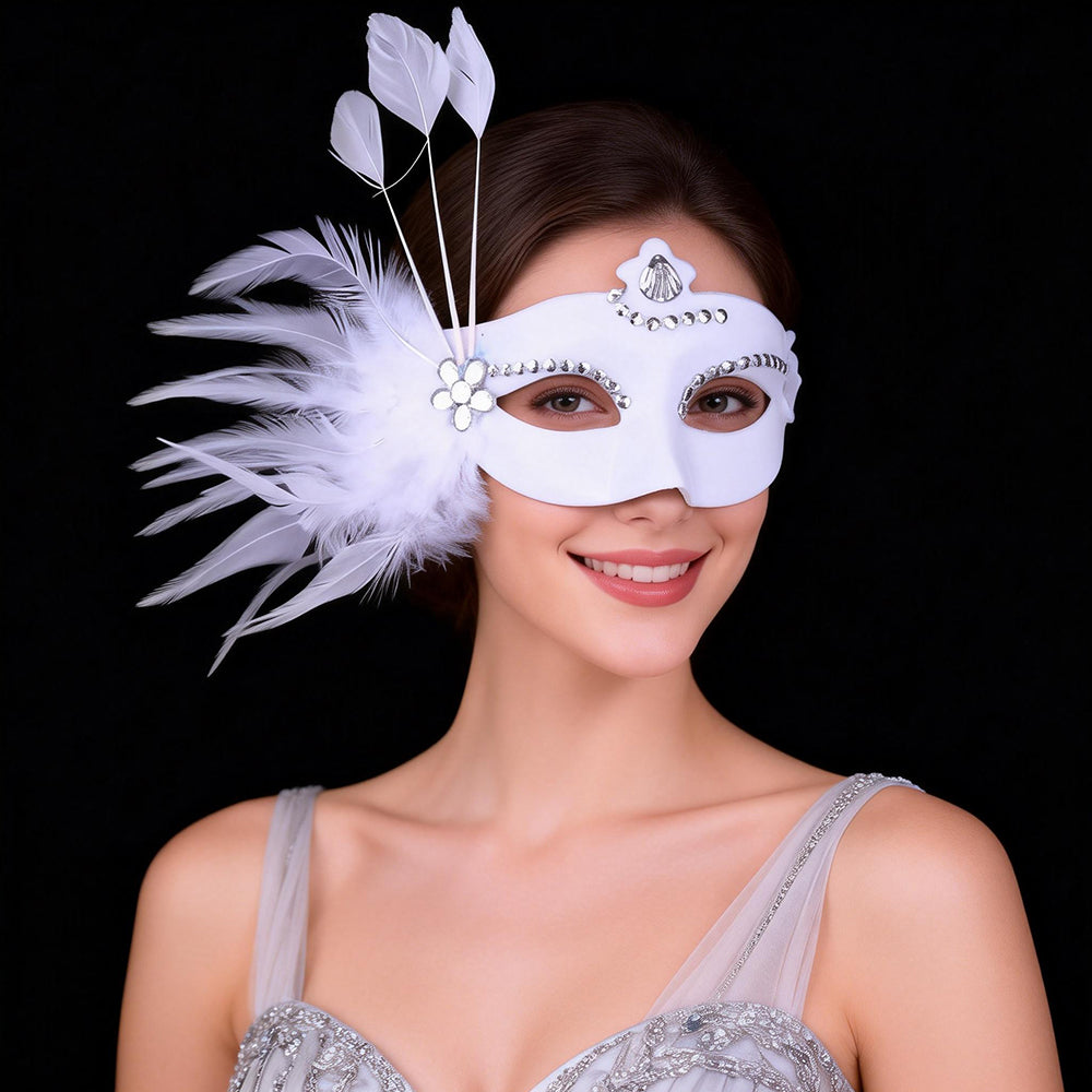 Giulia White Feather Crystal Masquerade Mask
