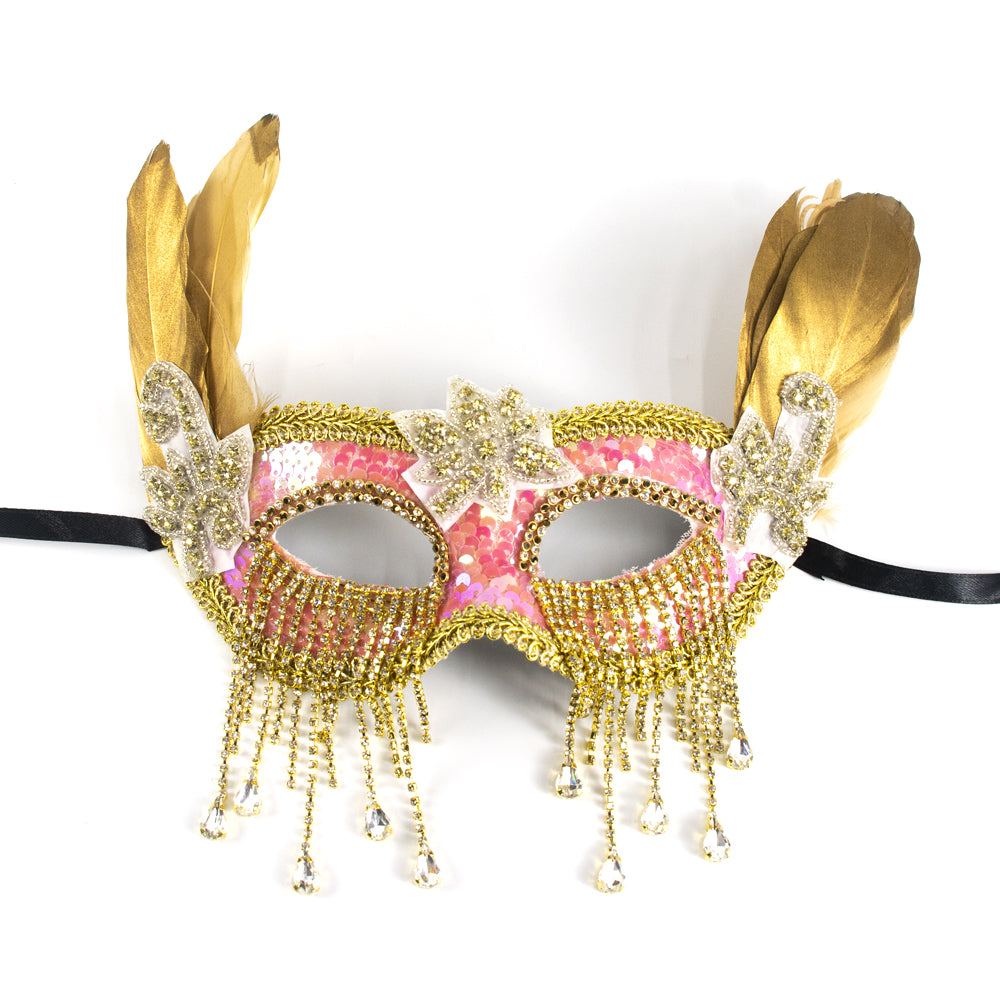 KELLY PINK Pink Gold Feather Rhinestone Fringe  Masquerade Mask