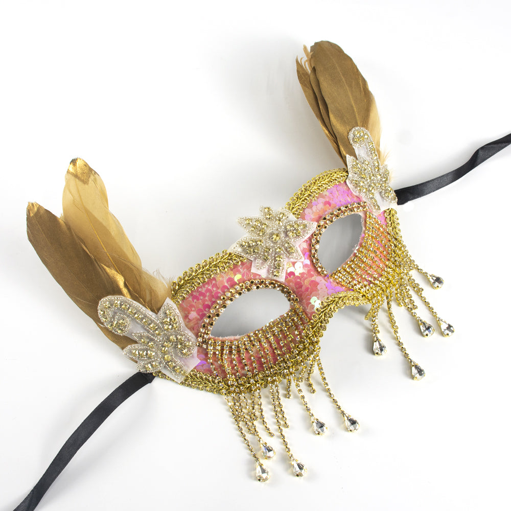 KELLY PINK Pink Gold Feather Rhinestone Fringe  Masquerade Mask