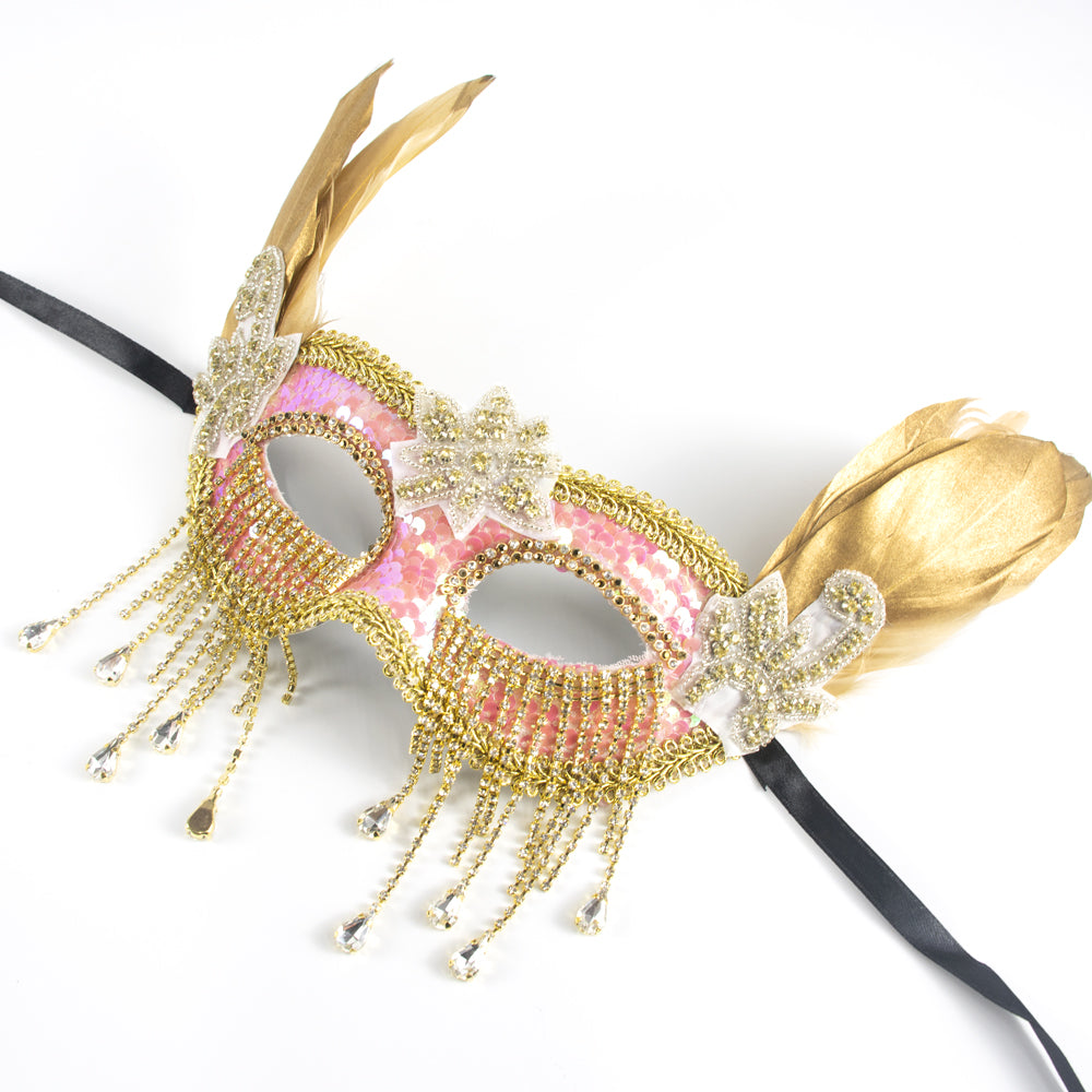 KELLY PINK Pink Gold Feather Rhinestone Fringe  Masquerade Mask