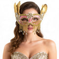 KELLY PINK Pink Gold Feather Rhinestone Fringe  Masquerade Mask