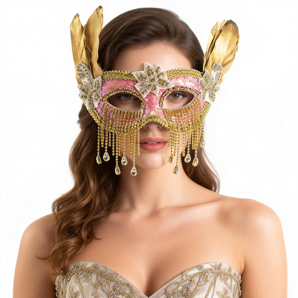 KELLY PINK Pink Gold Feather Rhinestone Fringe  Masquerade Mask