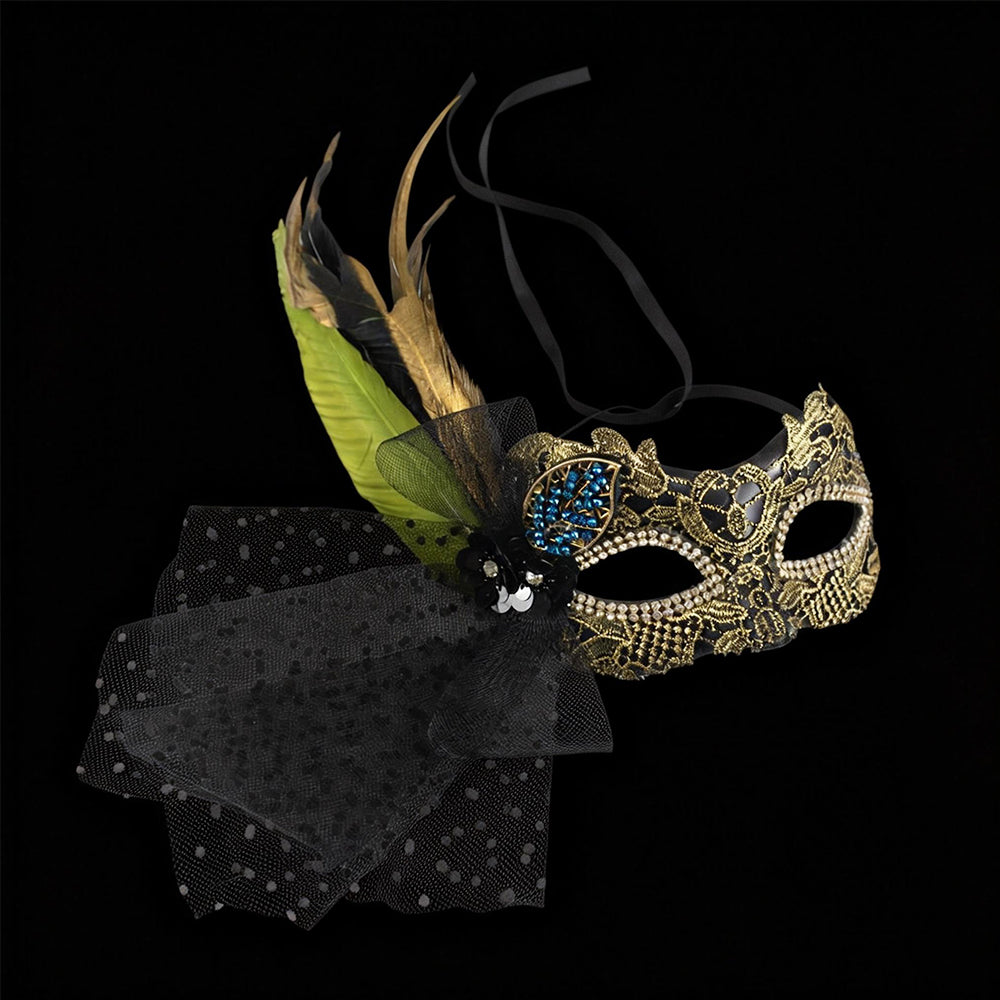 lack & Gold Feather Masquerade Eye Mask | Rhinestone Detail