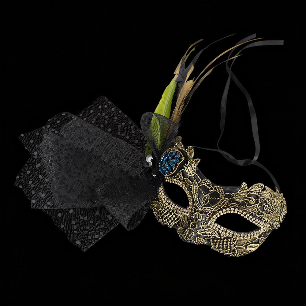 lack & Gold Feather Masquerade Eye Mask | Rhinestone Detail