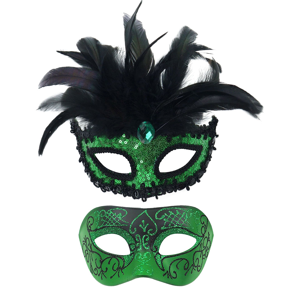 Giulia  Emerald Plume Couple Masquerade Mask Set