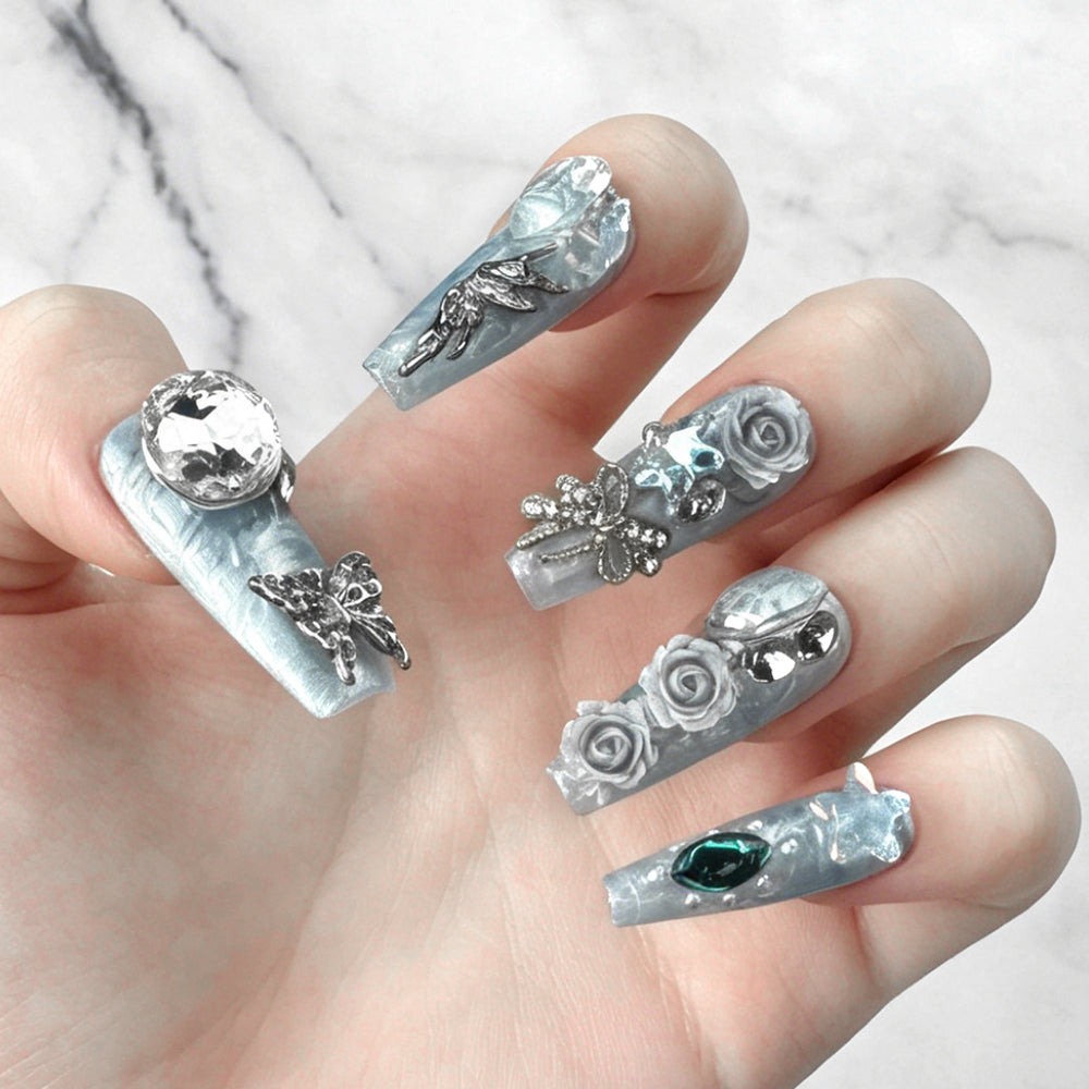 Luxury Silver Grey Handmade 3D Press-On Nails