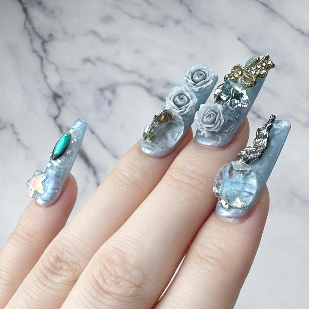 Luxury Silver Grey Handmade 3D Press-On Nails