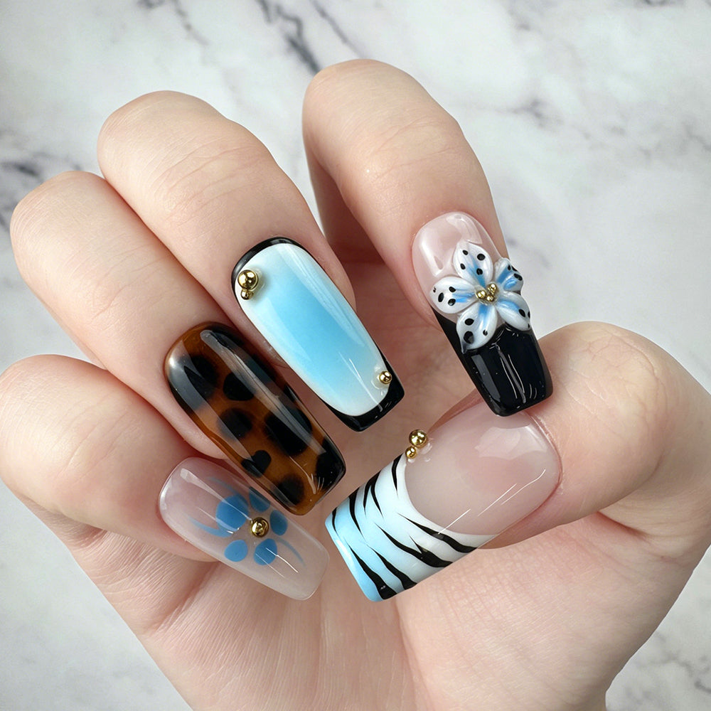 Tropical Blue Mixed Pattern Press-On Nails