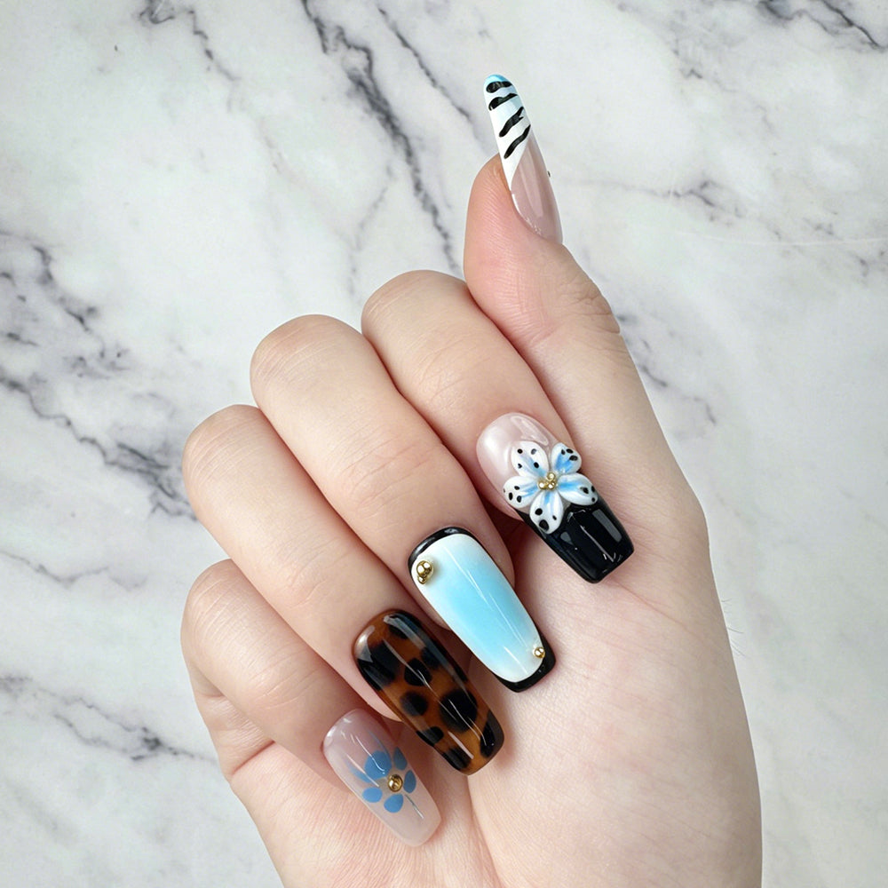 Tropical Blue Mixed Pattern Press-On Nails