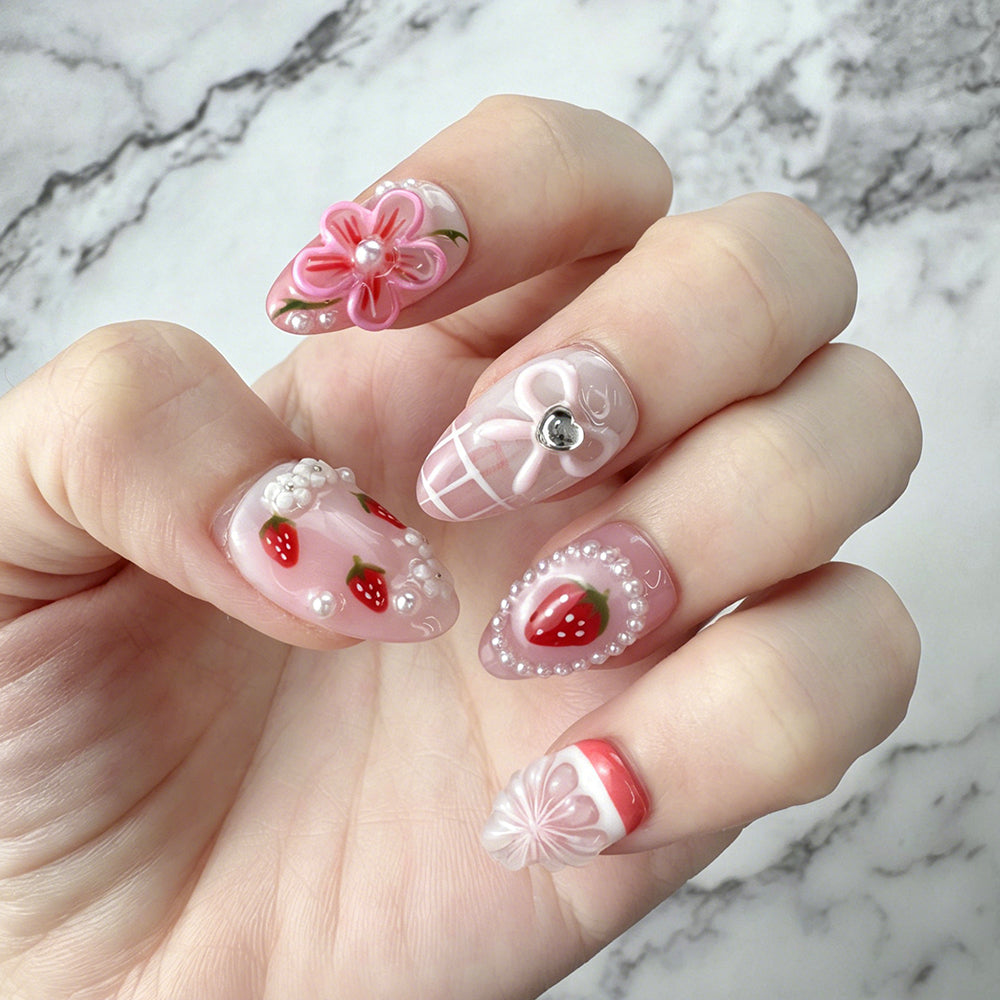 Sweet Strawberry 3D Flower Press-On Nails