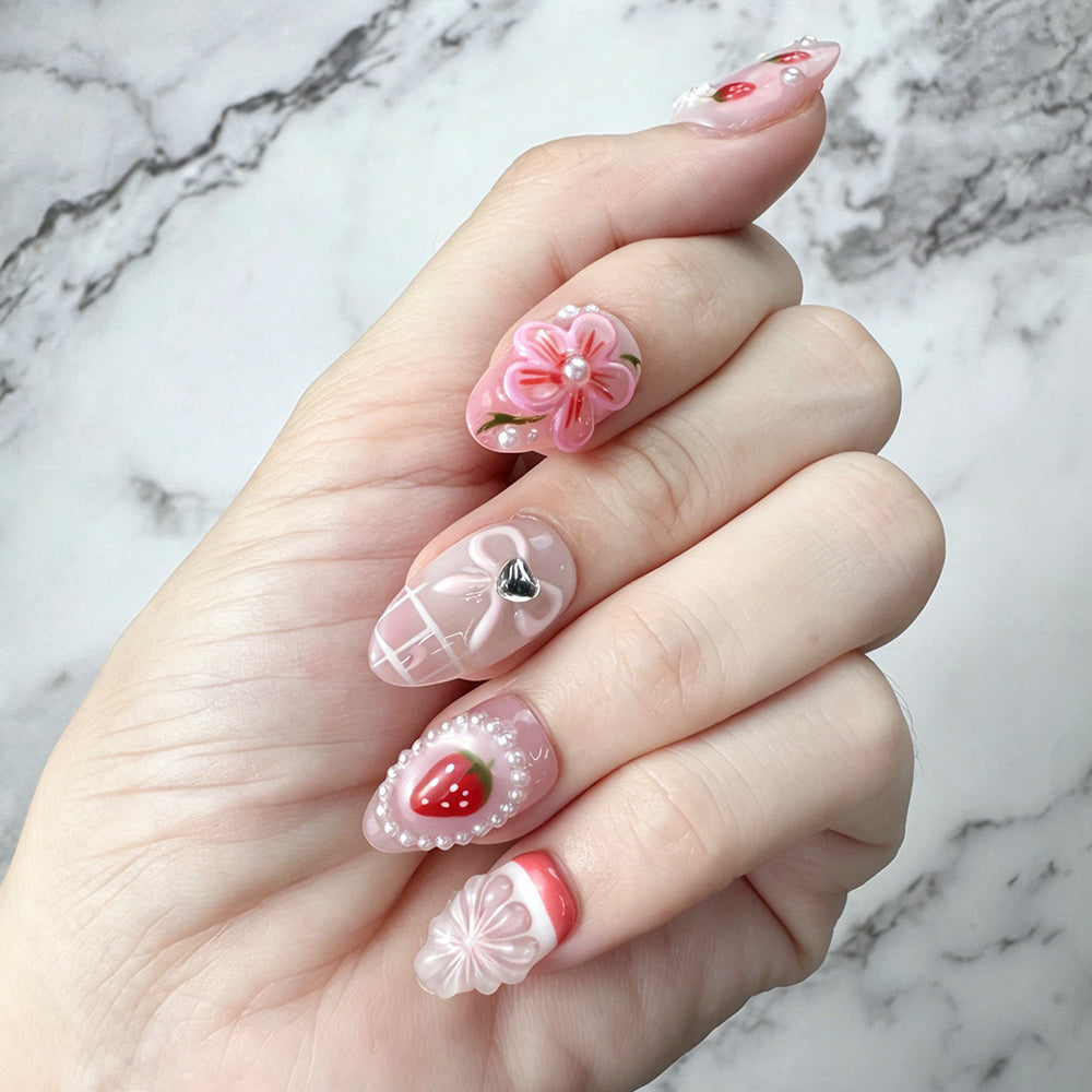 Sweet Strawberry 3D Flower Press-On Nails