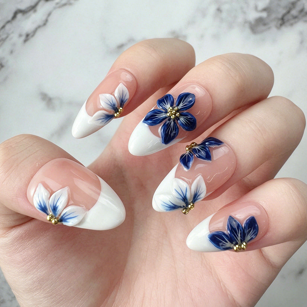 Handmade Blue White 3D Petal French Press-On Nails