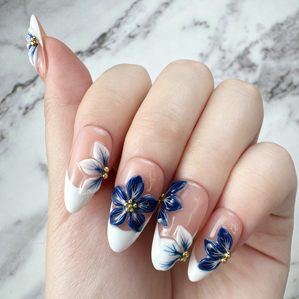 Handmade Blue White 3D Petal French Press-On Nails