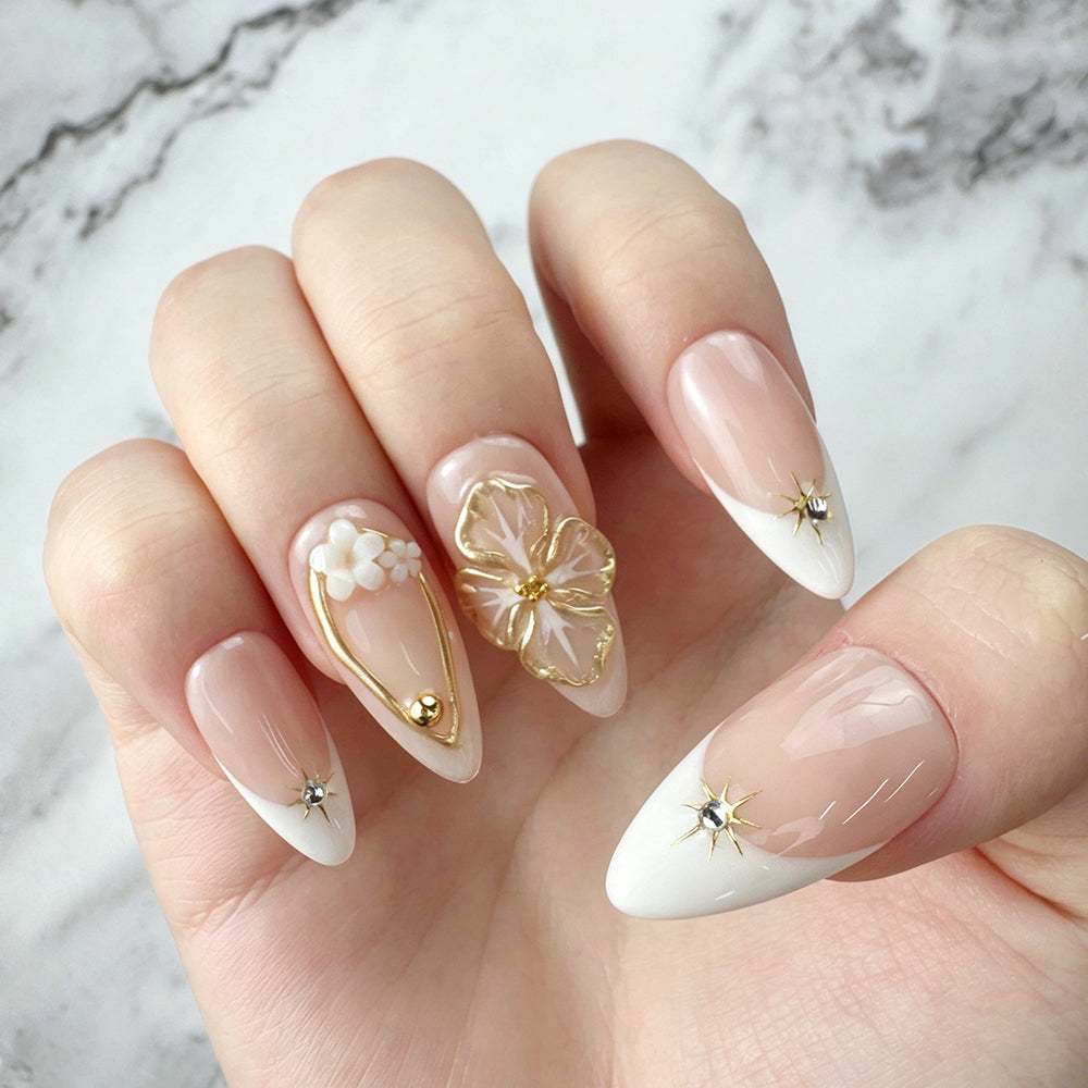 Gold Edge 3D Flower Press-On Nails