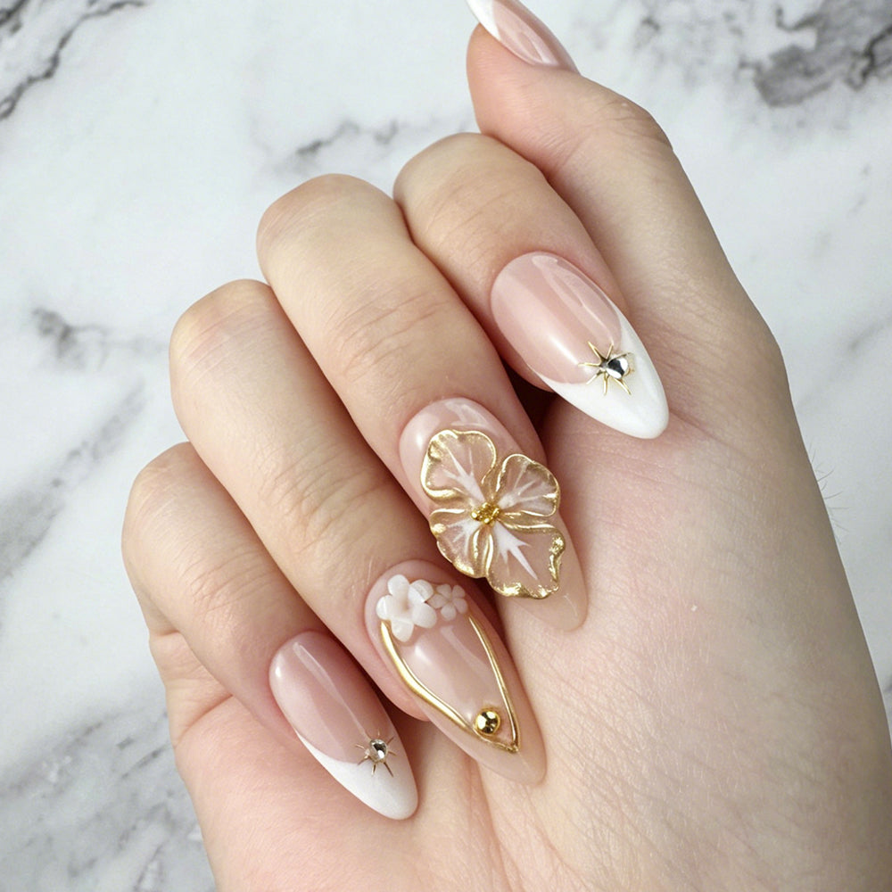 Gold Edge 3D Flower Press-On Nails