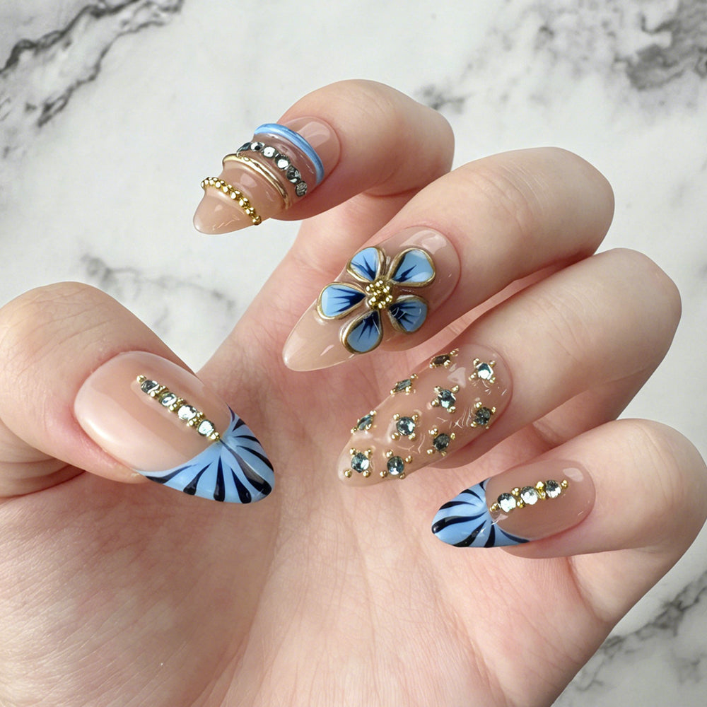 Luxury Blue Floral Rhinestone Press-On Nails