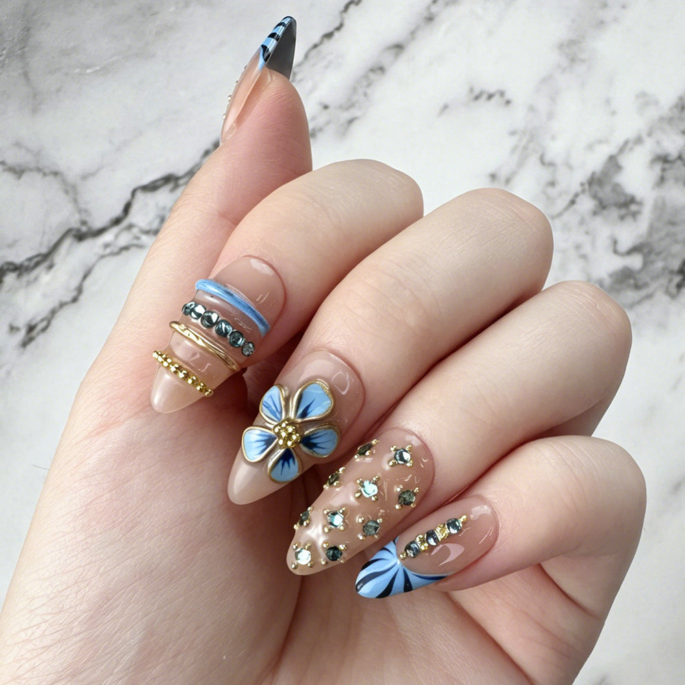 Luxury Blue Floral Rhinestone Press-On Nails