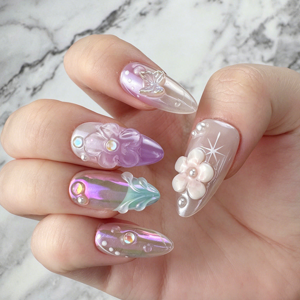 Dreamy Purple Aurora Flower Press-On Nails