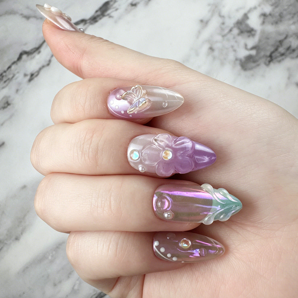 Dreamy Purple Aurora Flower Press-On Nails