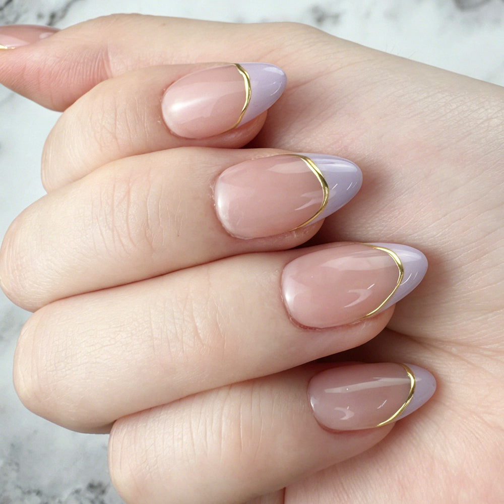 Lilac French Tip Press-On Nails with Gold Lines
