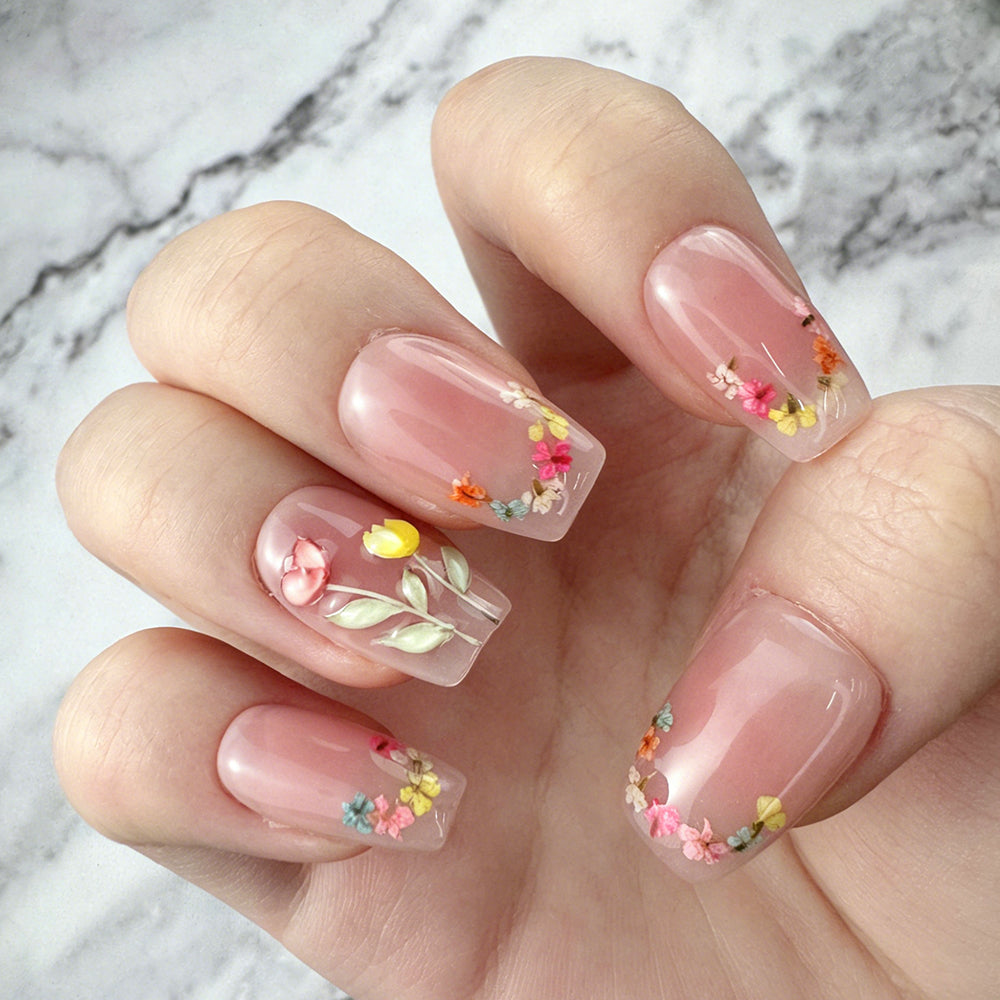Clear Pink Garden Floral Press-On Nails