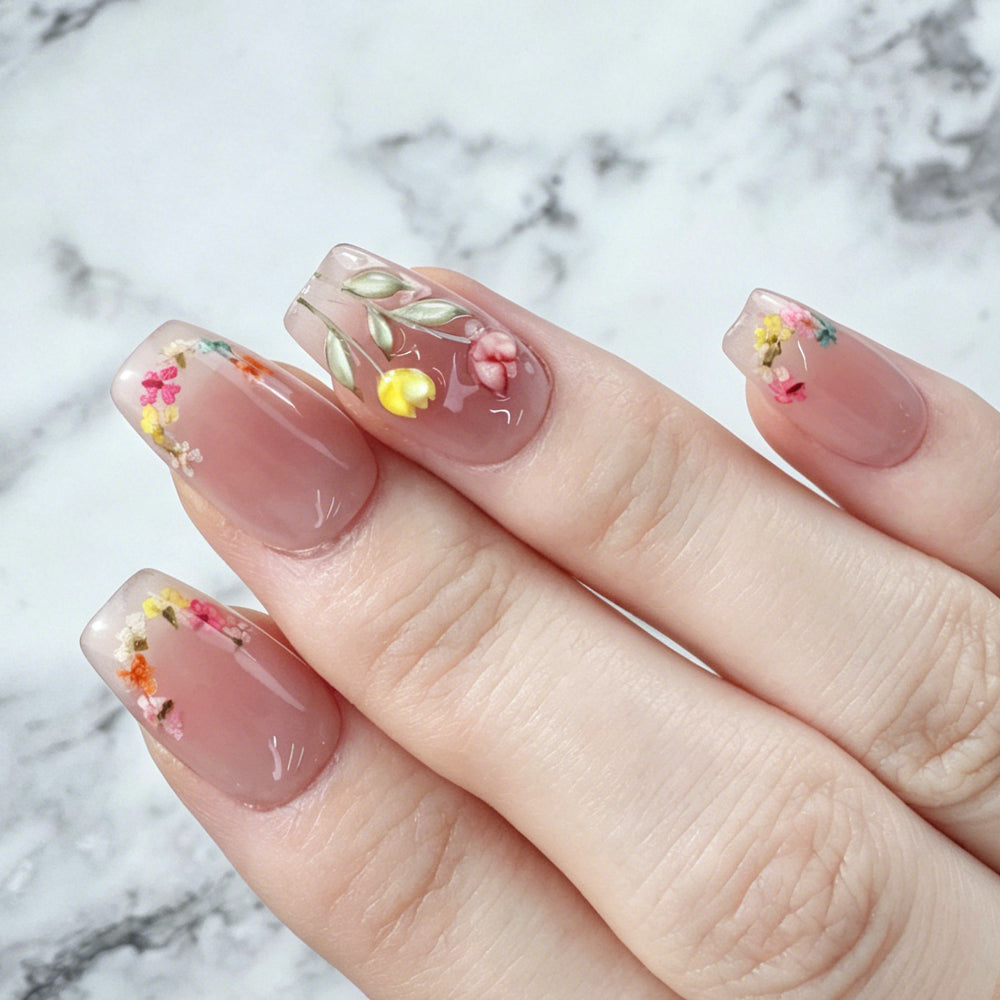 Clear Pink Garden Floral Press-On Nails