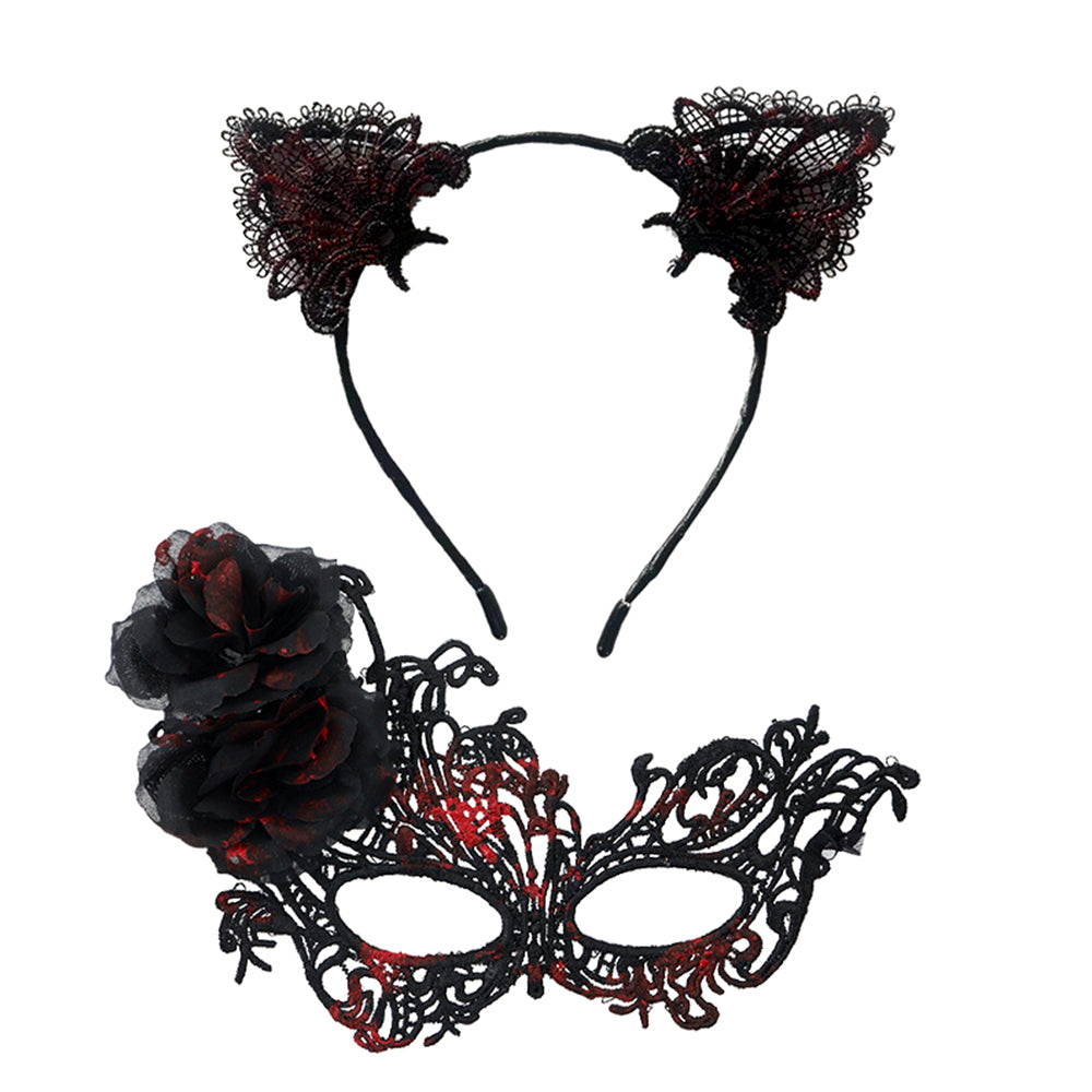 Marie Lace Rose lace Masquerade Mask and cute cat ear headband set