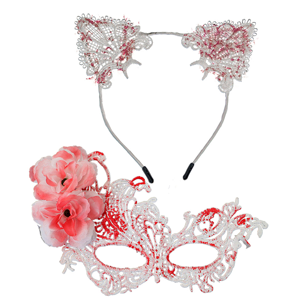 Marie Lace Rose lace Masquerade Mask and cute cat ear headband set