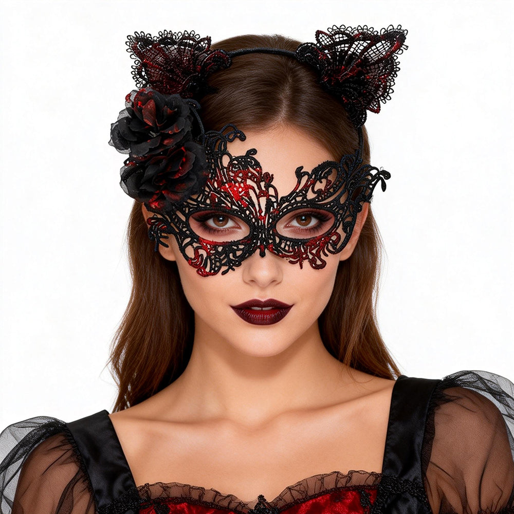 Marie Lace pink rose lace mask and cute cat ear headband