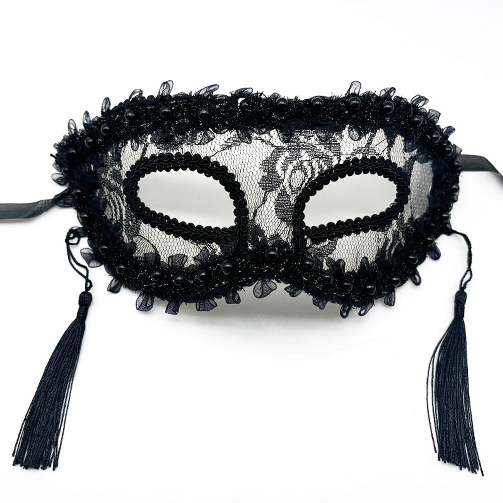 Marie Lace Pearl-Trimmed Lace Masquerade   Mask with Tassels