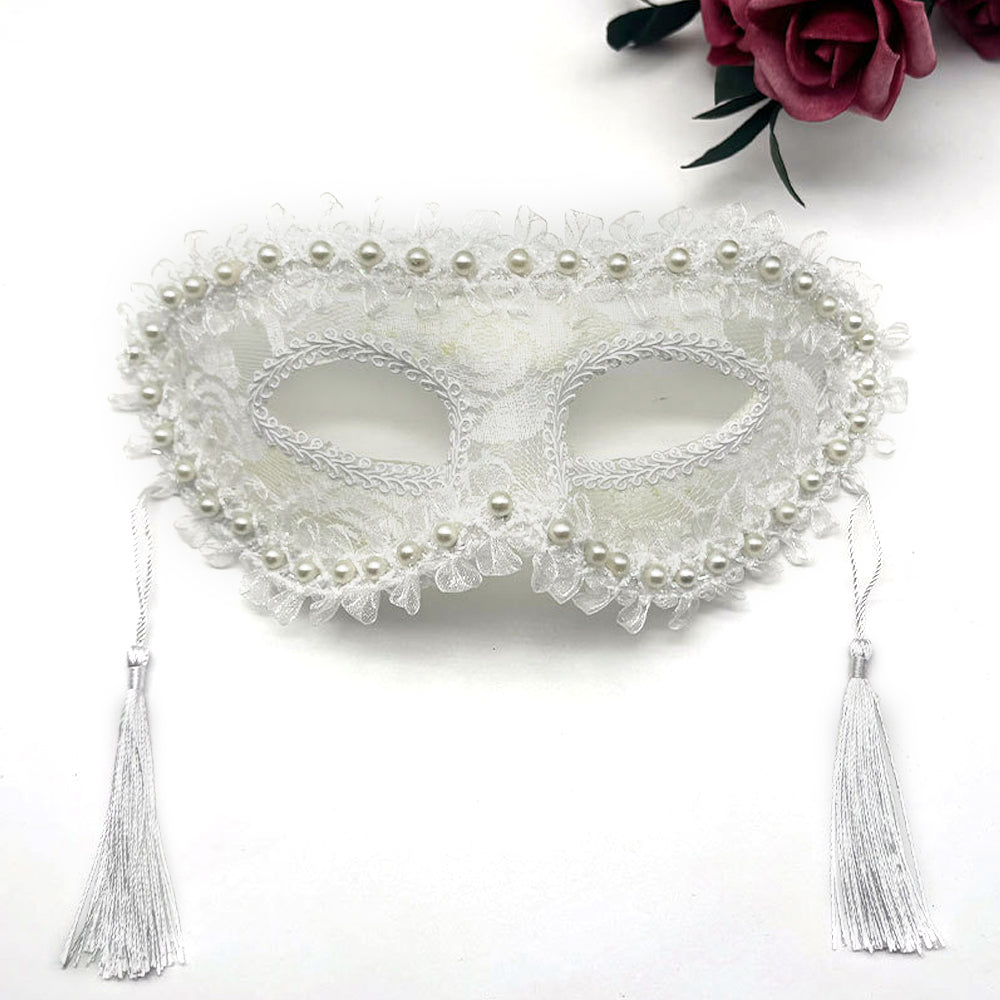 Marie Lace Pearl-Trimmed Lace Masquerade   Mask with Tassels