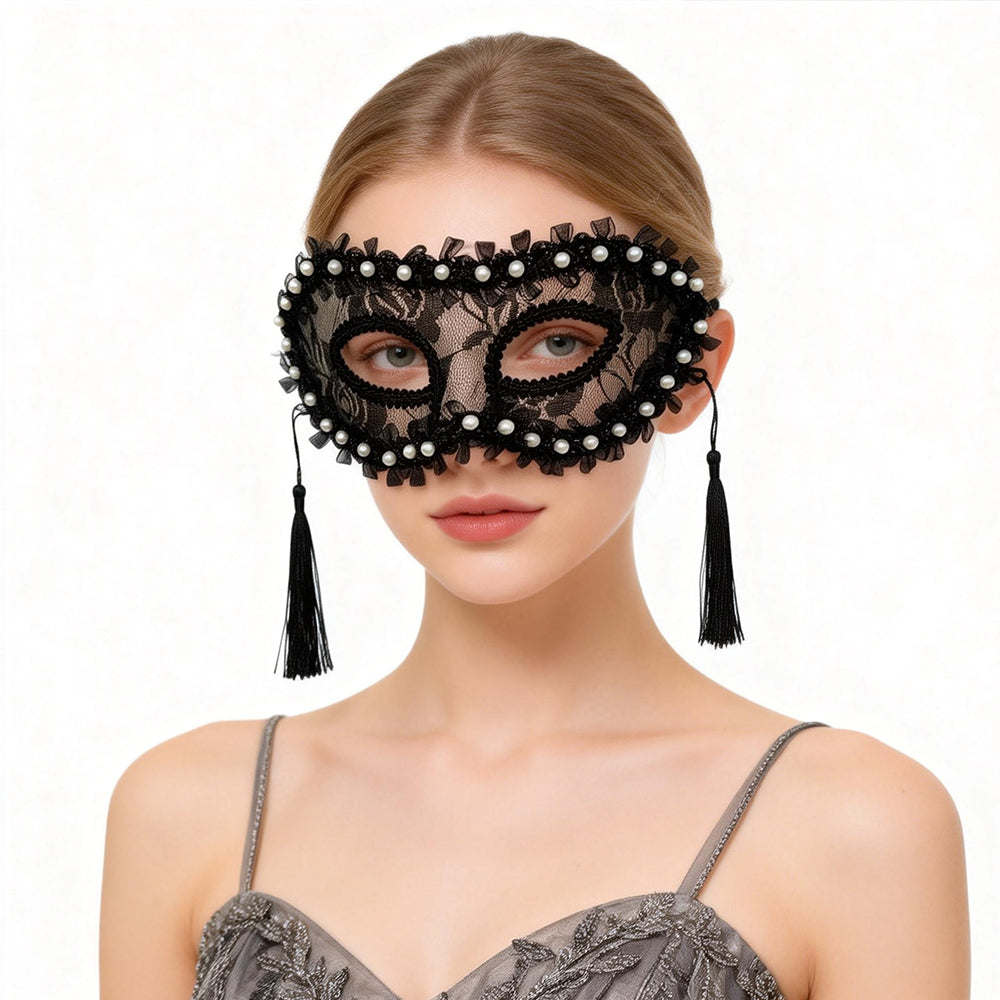 Marie Lace Pearl-Trimmed Lace Masquerade   Mask with Tassels