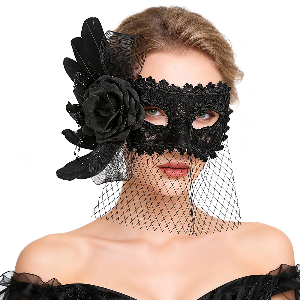 Marie Lace Black Lace Masquerade Mask with Veil
