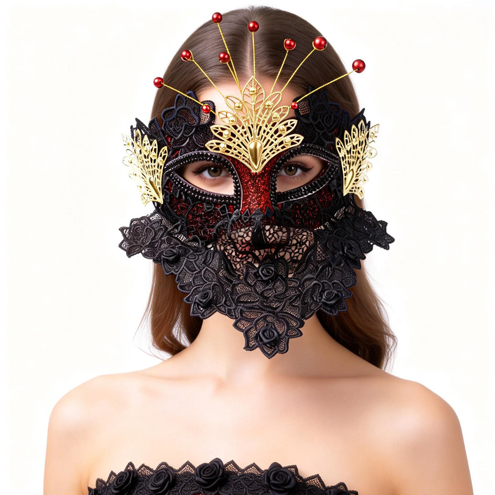 Máscara gótica con cuentas y corona de encaje negro de Marie Lace