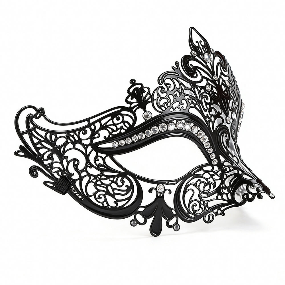 Regina Black Filigree – Crystal-Set Metal Masquerade Mask