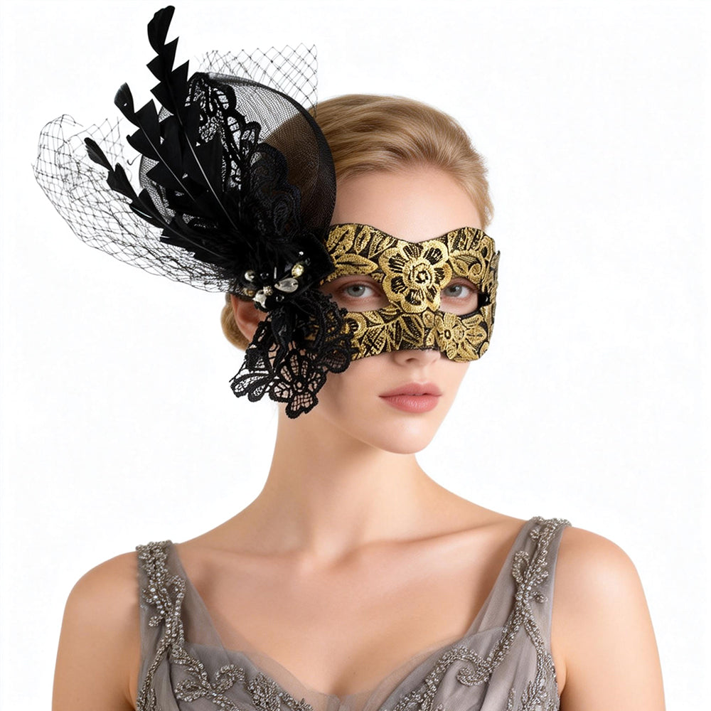 Regina Midnight Lace Feather Mask